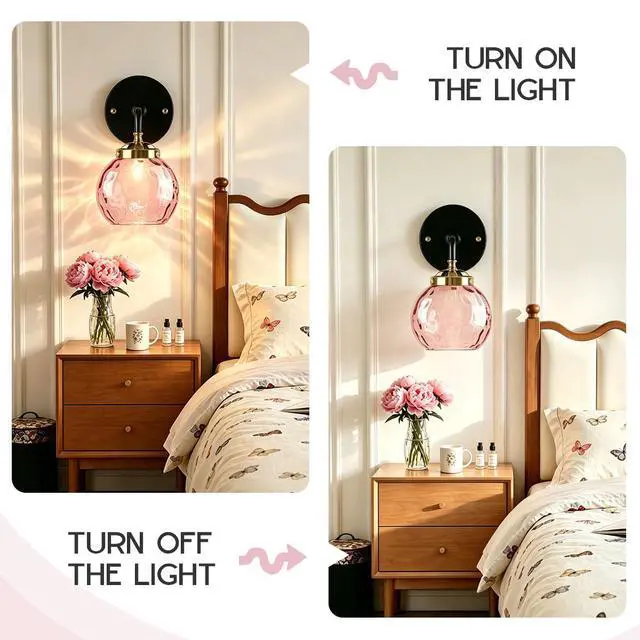 Alt view image 4 of 7 - 1-Lamp Pink Bathroom Lighting Fixture Over Mirror Mid Century Sconce | 15cm/5.9Inch Hammer Glass Globe Shade Modern Vanity Light Fixture Black Gold Finish Over Mirror Hallway Living Room Stairwell