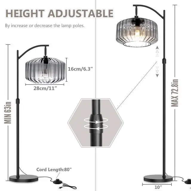 Alt view image 2 of 7 - Modern Glass Floor Lamp Large Gray Dome Shade Living Room Floor Lamp | Large 11Inch Glass Globe Shade Mcm Vintage Standing Lamps Tall lamp floor lamp for Living room Farmhouse Bedroom home decor