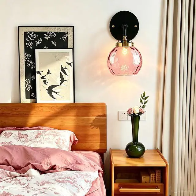 Alt view image 5 of 7 - 1-Lamp Pink Bathroom Lighting Fixture Over Mirror Mid Century Sconce | 15cm/5.9Inch Hammer Glass Globe Shade Modern Vanity Light Fixture Black Gold Finish Over Mirror Hallway Living Room Stairwell