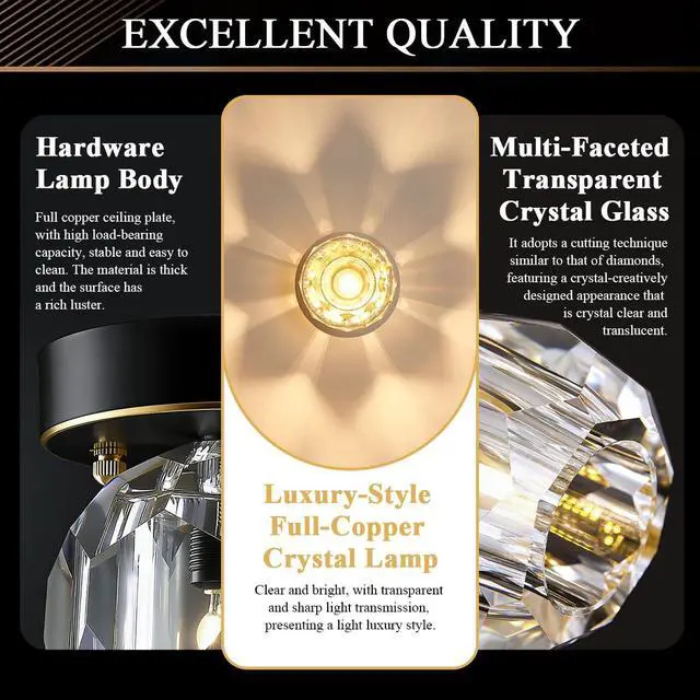 Alt view image 3 of 7 - Crystal Flush Mount Lights Black Brass Ceiling Light Fixtures 3-Pack | Vintage Modern Close to Lamp Mini Small Clear Crystal Globe Shade 11cm/4.3Inch G9 Base for Bedroom Hallway Foyer Entrance