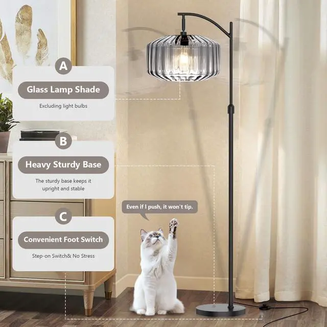 Alt view image 3 of 7 - Modern Glass Floor Lamp Large Gray Dome Shade Living Room Floor Lamp | Large 11Inch Glass Globe Shade Mcm Vintage Standing Lamps Tall lamp floor lamp for Living room Farmhouse Bedroom home decor