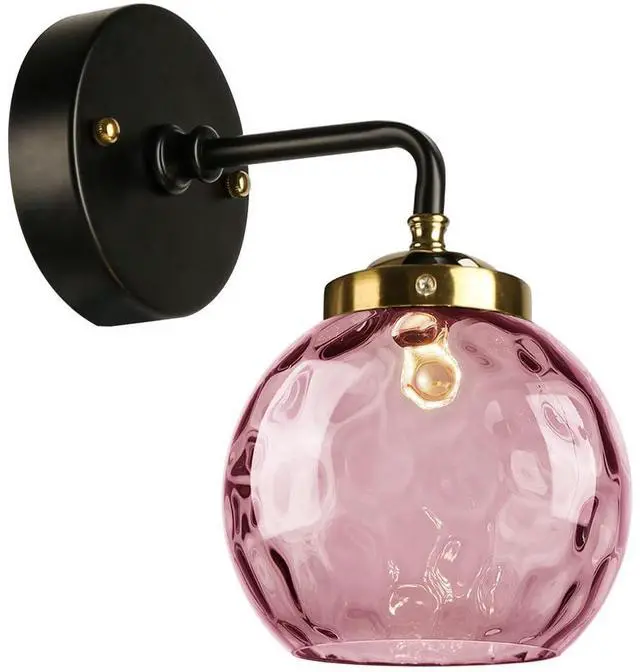 Main image of 1-Lamp Pink Bathroom Lighting Fixture Over Mirror Mid Century Sconce | 15cm/5.9Inch Hammer Glass Globe Shade Modern Vanity Light Fixture Black Gold Finish Over Mirror Hallway Living Room Stairwell