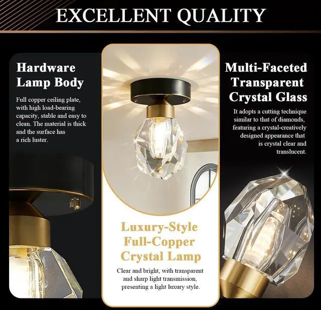 Alt view image 3 of 7 - Small Ceiling Light Fixture Crystal Flush Mount Ceiling Lights Modern Light Luxury Hallway Lighting with Clear Crystal Shade Black Brass Base Mini Semi Mount Lights Fixtures Bedroom