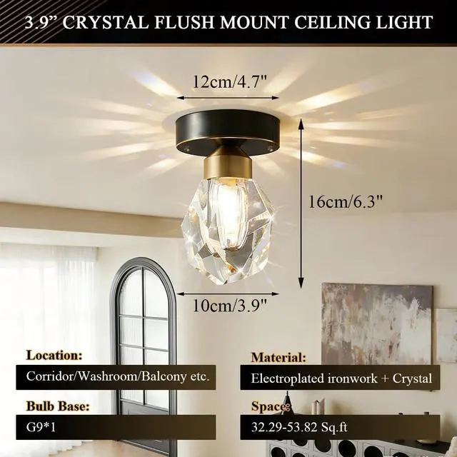 Alt view image 2 of 7 - Small Ceiling Light Fixture Crystal Flush Mount Ceiling Lights Modern Light Luxury Hallway Lighting with Clear Crystal Shade Black Brass Base Mini Semi Mount Lights Fixtures Bedroom