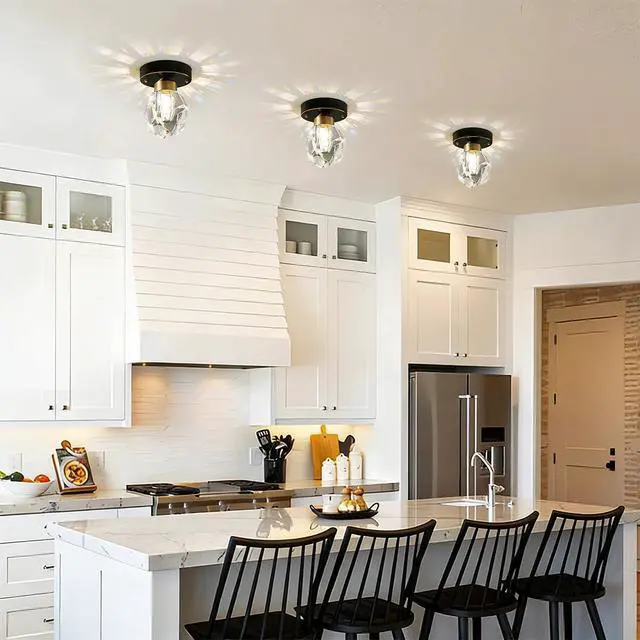 Alt view image 6 of 7 - Small Ceiling Light Fixture Crystal Flush Mount Ceiling Lights Modern Light Luxury Hallway Lighting with Clear Crystal Shade Black Brass Base Mini Semi Mount Lights Fixtures Bedroom