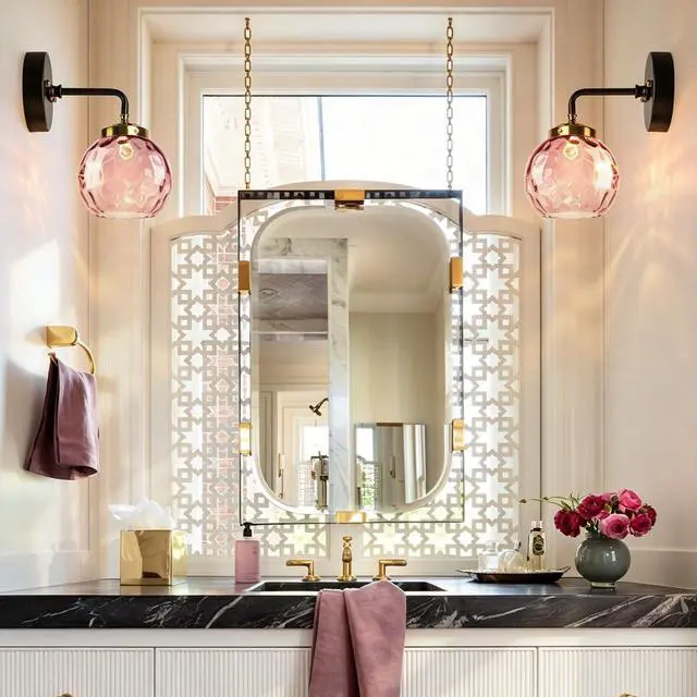 Alt view image 6 of 7 - 1-Lamp Pink Bathroom Lighting Fixture Over Mirror Mid Century Sconce | 15cm/5.9Inch Hammer Glass Globe Shade Modern Vanity Light Fixture Black Gold Finish Over Mirror Hallway Living Room Stairwell
