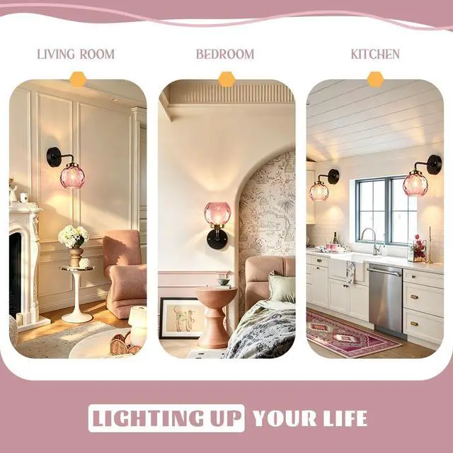 Alt view image 7 of 7 - 1-Lamp Pink Bathroom Lighting Fixture Over Mirror Mid Century Sconce | 15cm/5.9Inch Hammer Glass Globe Shade Modern Vanity Light Fixture Black Gold Finish Over Mirror Hallway Living Room Stairwell