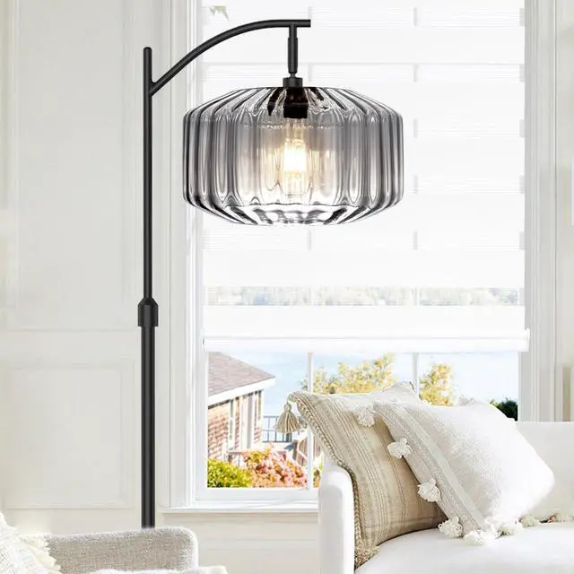 Alt view image 5 of 7 - Modern Glass Floor Lamp Large Gray Dome Shade Living Room Floor Lamp | Large 11Inch Glass Globe Shade Mcm Vintage Standing Lamps Tall lamp floor lamp for Living room Farmhouse Bedroom home decor