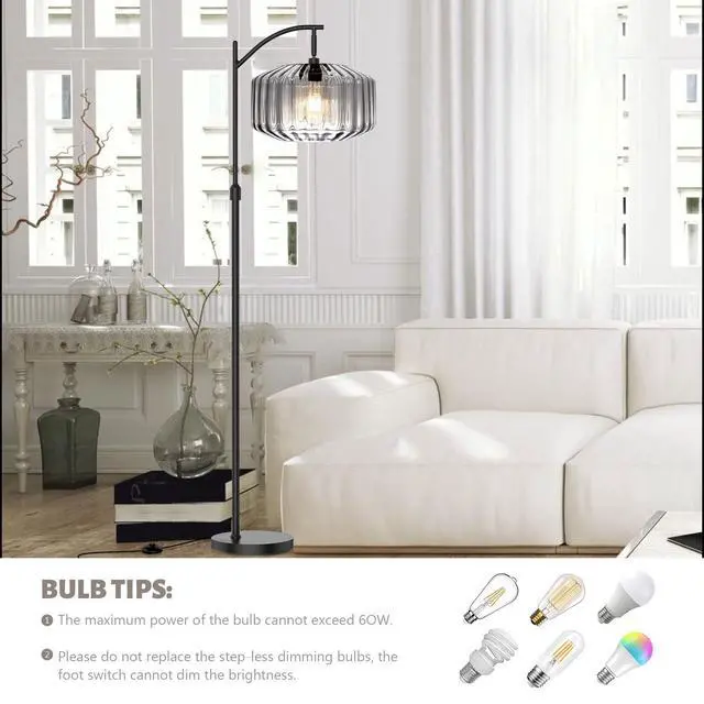 Alt view image 6 of 7 - Modern Glass Floor Lamp Large Gray Dome Shade Living Room Floor Lamp | Large 11Inch Glass Globe Shade Mcm Vintage Standing Lamps Tall lamp floor lamp for Living room Farmhouse Bedroom home decor