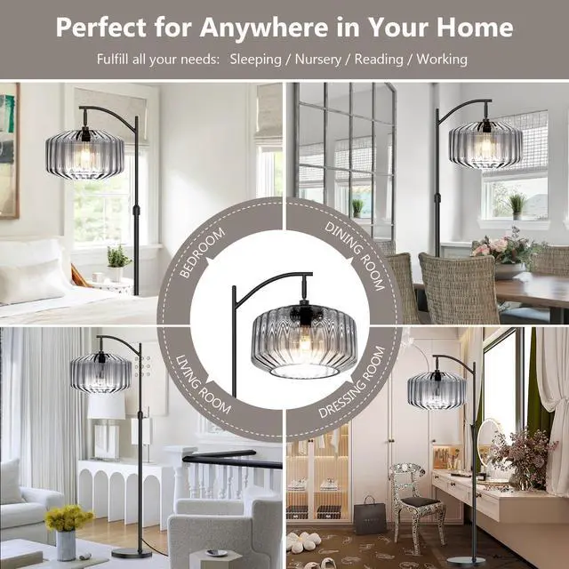 Alt view image 7 of 7 - Modern Glass Floor Lamp Large Gray Dome Shade Living Room Floor Lamp | Large 11Inch Glass Globe Shade Mcm Vintage Standing Lamps Tall lamp floor lamp for Living room Farmhouse Bedroom home decor