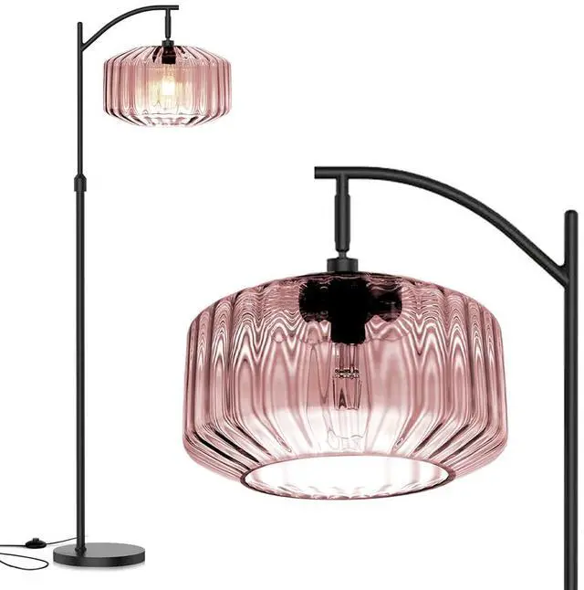 Main image of Living Room Floor Lamp Large Modern Pink Glass Dome Black Floor Lamp | Large 11Inch Glass Globe Shade Mcm Vintage Standing Lamps Tall lamp floor lamp for Living room Farmhouse Bedroom home decor