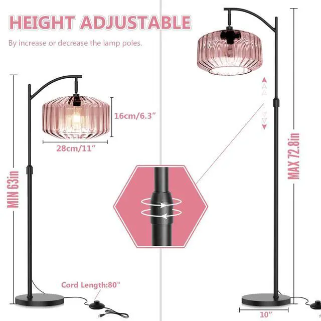 Alt view image 2 of 7 - Living Room Floor Lamp Large Modern Pink Glass Dome Black Floor Lamp | Large 11Inch Glass Globe Shade Mcm Vintage Standing Lamps Tall lamp floor lamp for Living room Farmhouse Bedroom home decor