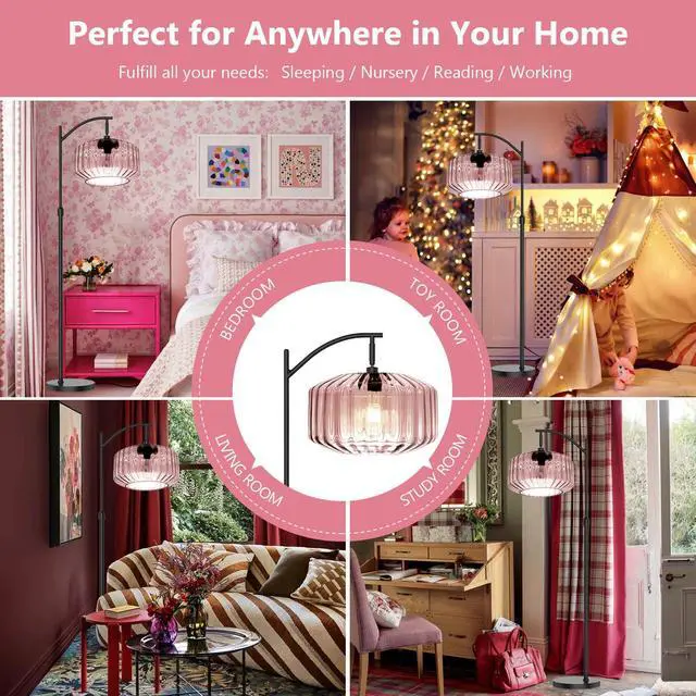 Alt view image 4 of 7 - Living Room Floor Lamp Large Modern Pink Glass Dome Black Floor Lamp | Large 11Inch Glass Globe Shade Mcm Vintage Standing Lamps Tall lamp floor lamp for Living room Farmhouse Bedroom home decor