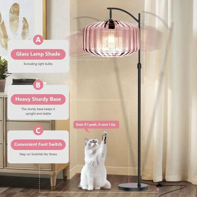 Alt view image 5 of 7 - Living Room Floor Lamp Large Modern Pink Glass Dome Black Floor Lamp | Large 11Inch Glass Globe Shade Mcm Vintage Standing Lamps Tall lamp floor lamp for Living room Farmhouse Bedroom home decor