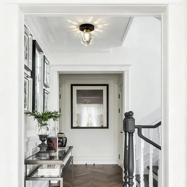 Alt view image 5 of 7 - Small Ceiling Light Fixture Crystal Flush Mount Ceiling Lights Modern Light Luxury Hallway Lighting with Clear Crystal Shade Black Brass Base Mini Semi Mount Lights Fixtures Bedroom