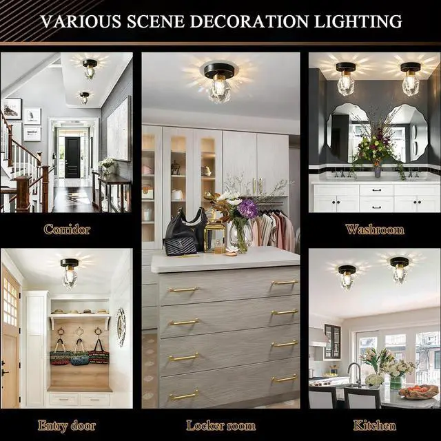 Alt view image 7 of 7 - Small Ceiling Light Fixture Crystal Flush Mount Ceiling Lights Modern Light Luxury Hallway Lighting with Clear Crystal Shade Black Brass Base Mini Semi Mount Lights Fixtures Bedroom