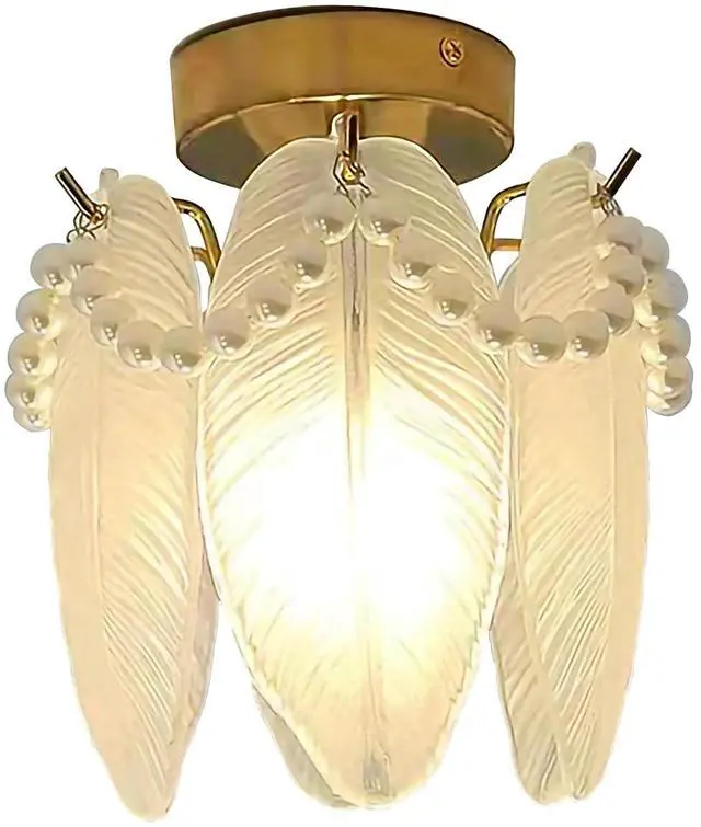 Main image of Small Ceiling Light Gold Flush Mount Ceiling Light Fixture with Crystal Glass Feather Lamp Shade mid Century Modern Chandelier Mini Close to Ceiling Lamp for Bedroom Hallway Entryway
