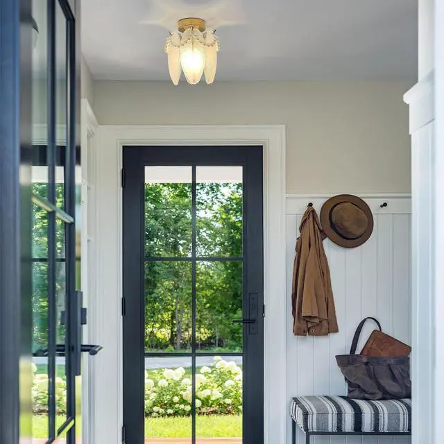 Alt view image 7 of 7 - Small Ceiling Light Gold Flush Mount Ceiling Light Fixture with Crystal Glass Feather Lamp Shade mid Century Modern Chandelier Mini Close to Ceiling Lamp for Bedroom Hallway Entryway