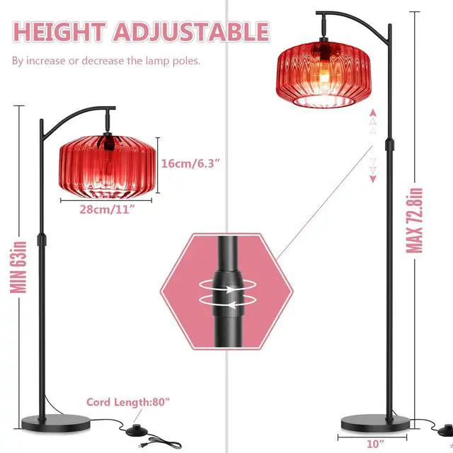 Alt view image 2 of 7 - Modern Red Glass Floor Lamp Large Glass Dome Shade Black Floor Lamps | Large 11Inch Glass Globe Shade Mcm Vintage Standing Lamps Tall lamp floor lamp for Living room Farmhouse Bedroom home decor
