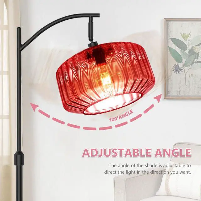 Alt view image 3 of 7 - Modern Red Glass Floor Lamp Large Glass Dome Shade Black Floor Lamps | Large 11Inch Glass Globe Shade Mcm Vintage Standing Lamps Tall lamp floor lamp for Living room Farmhouse Bedroom home decor