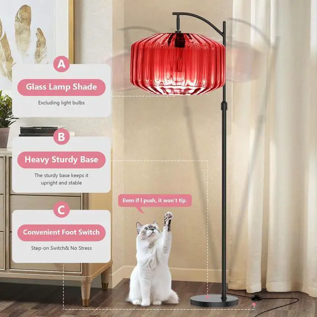 Alt view image 4 of 7 - Modern Red Glass Floor Lamp Large Glass Dome Shade Black Floor Lamps | Large 11Inch Glass Globe Shade Mcm Vintage Standing Lamps Tall lamp floor lamp for Living room Farmhouse Bedroom home decor