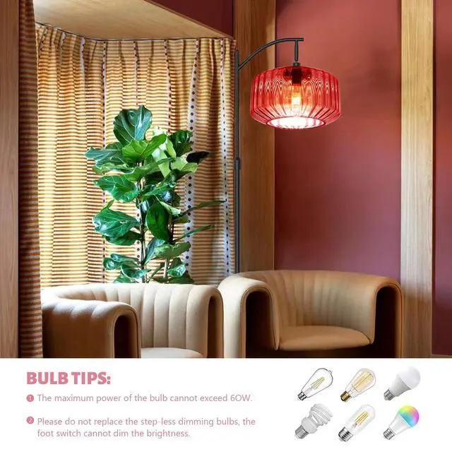 Alt view image 6 of 7 - Modern Red Glass Floor Lamp Large Glass Dome Shade Black Floor Lamps | Large 11Inch Glass Globe Shade Mcm Vintage Standing Lamps Tall lamp floor lamp for Living room Farmhouse Bedroom home decor