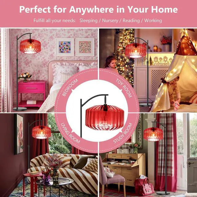 Alt view image 7 of 7 - Modern Red Glass Floor Lamp Large Glass Dome Shade Black Floor Lamps | Large 11Inch Glass Globe Shade Mcm Vintage Standing Lamps Tall lamp floor lamp for Living room Farmhouse Bedroom home decor