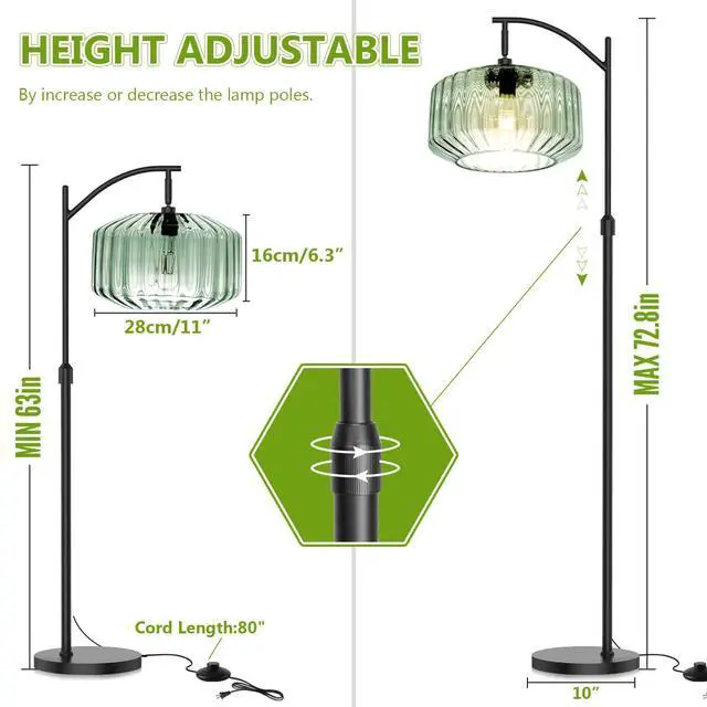 Alt view image 2 of 7 - Modern Floor Lamp Mint Green Glass Shade Black Large Dome Floor Lamp | Large 11Inch Glass Globe Shade Mcm Vintage Standing Lamps Tall lamp floor lamp for Living room Farmhouse Bedroom home decor