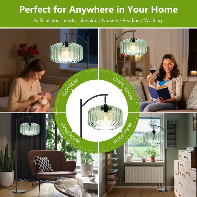 Alt view image 5 of 7 - Modern Floor Lamp Mint Green Glass Shade Black Large Dome Floor Lamp | Large 11Inch Glass Globe Shade Mcm Vintage Standing Lamps Tall lamp floor lamp for Living room Farmhouse Bedroom home decor