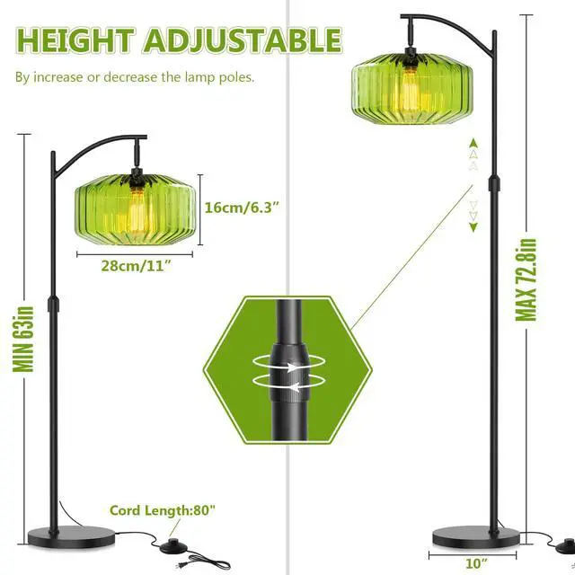 Alt view image 2 of 7 - Glass Floor Lamp Large Green Dome Shade,Black Floor Lamps Mid Century Modern Floor Lamp Vintage Tall lamp Farmhouse Standing Lamps Living Room Decor Dimmable Floor lamp Mount
