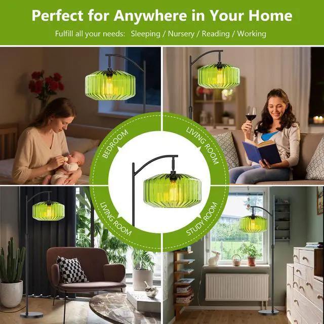 Alt view image 5 of 7 - Glass Floor Lamp Large Green Dome Shade,Black Floor Lamps Mid Century Modern Floor Lamp Vintage Tall lamp Farmhouse Standing Lamps Living Room Decor Dimmable Floor lamp Mount