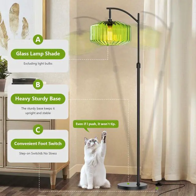 Alt view image 4 of 7 - Glass Floor Lamp Large Green Dome Shade,Black Floor Lamps Mid Century Modern Floor Lamp Vintage Tall lamp Farmhouse Standing Lamps Living Room Decor Dimmable Floor lamp Mount