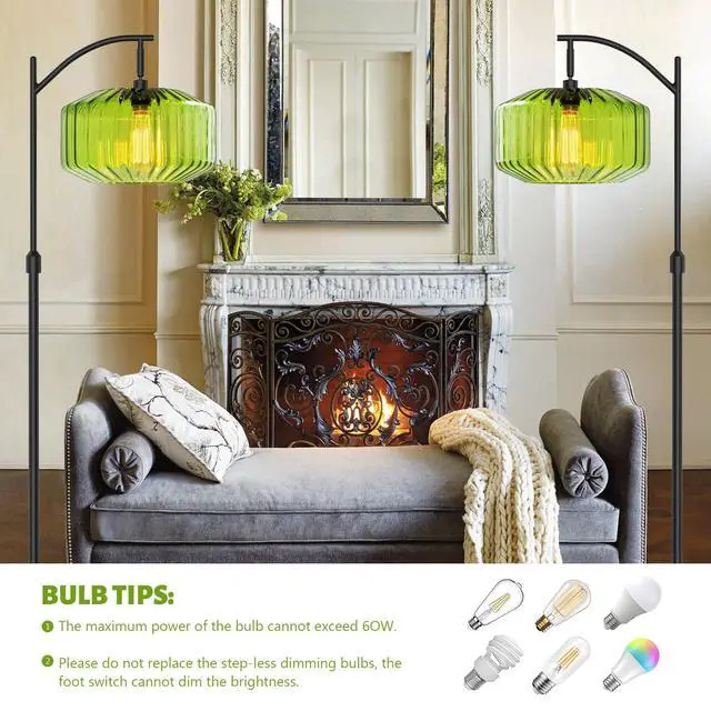 Alt view image 6 of 7 - Glass Floor Lamp Large Green Dome Shade,Black Floor Lamps Mid Century Modern Floor Lamp Vintage Tall lamp Farmhouse Standing Lamps Living Room Decor Dimmable Floor lamp Mount