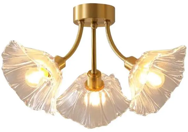 Main image of Gold Brass Flush Mount Ceiling Lights Fixture Clear Glass 3-Light Close to Ceiling Light Flower Glass Shape Shade Mid Century Chandelier Lighting for Bedroom Living Room Dining Room