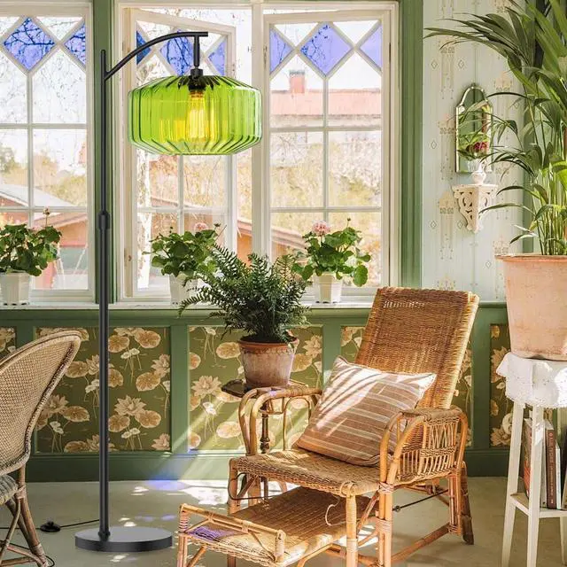 Alt view image 7 of 7 - Glass Floor Lamp Large Green Dome Shade,Black Floor Lamps Mid Century Modern Floor Lamp Vintage Tall lamp Farmhouse Standing Lamps Living Room Decor Dimmable Floor lamp Mount