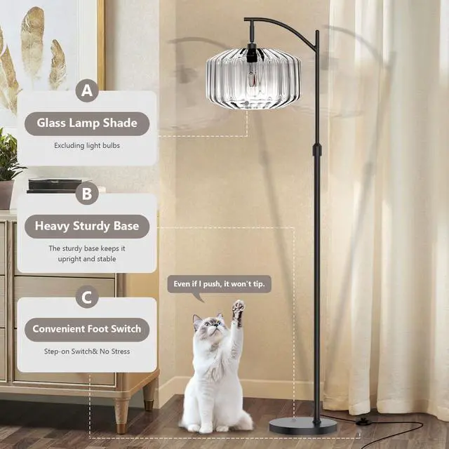 Alt view image 4 of 7 - Living Room Floor Lamp Clear Glass Dome Shade Black Tall Lamp Mid Century Modern Floor Lamps Bedroom Home Decor Farmhouse Floor lamp Mount Vintage Retro Standing Lamps