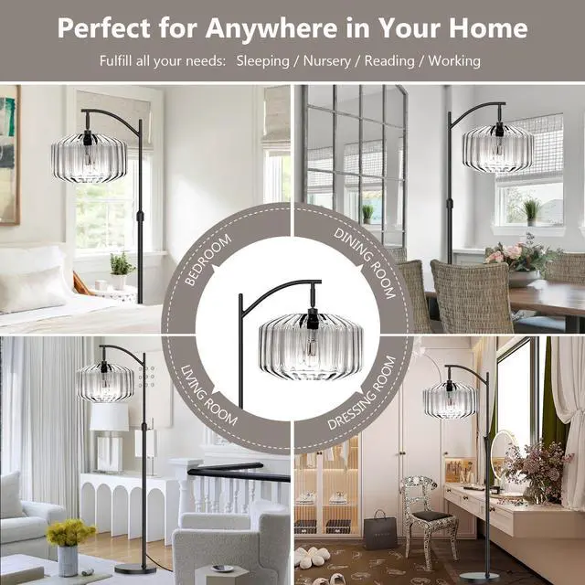 Alt view image 5 of 7 - Living Room Floor Lamp Clear Glass Dome Shade Black Tall Lamp Mid Century Modern Floor Lamps Bedroom Home Decor Farmhouse Floor lamp Mount Vintage Retro Standing Lamps