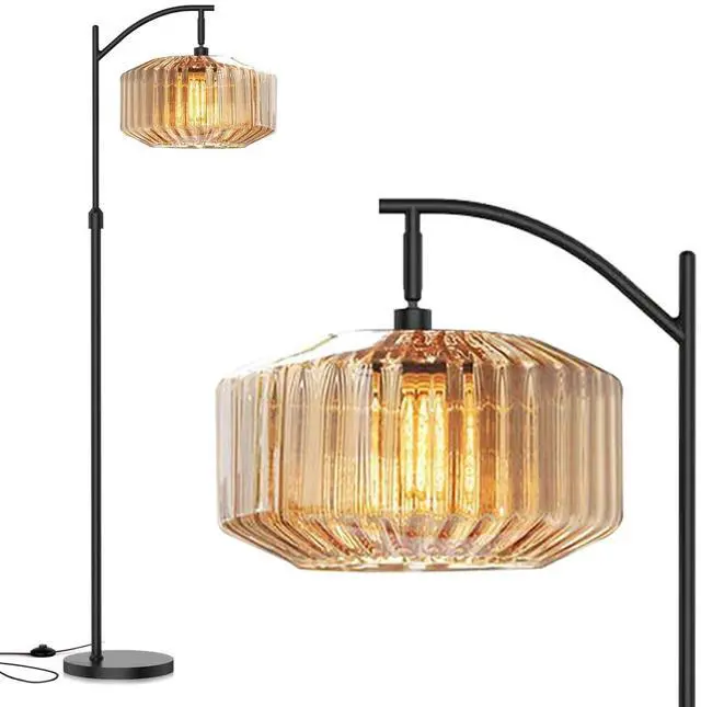 Main image of Black Floor Lamp Large Glass Amber Shade Mid Century Modern Floor Lamp Living Room Farmhouse Standing Lamps Dome Glass Vintage Tall Floor Lamps Home Decor Black Floor Lights
