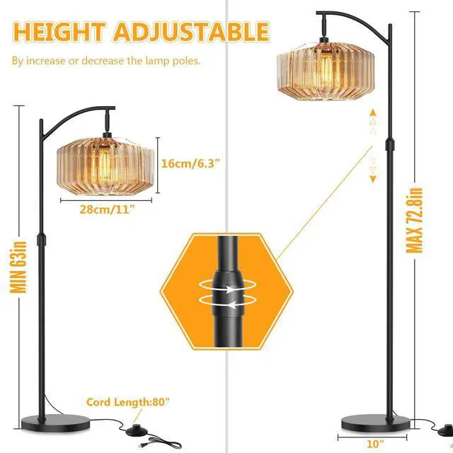 Alt view image 2 of 7 - Black Floor Lamp Large Glass Amber Shade Mid Century Modern Floor Lamp Living Room Farmhouse Standing Lamps Dome Glass Vintage Tall Floor Lamps Home Decor Black Floor Lights