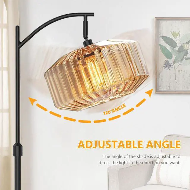 Alt view image 3 of 7 - Black Floor Lamp Large Glass Amber Shade Mid Century Modern Floor Lamp Living Room Farmhouse Standing Lamps Dome Glass Vintage Tall Floor Lamps Home Decor Black Floor Lights