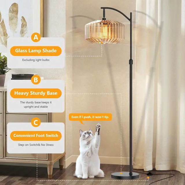 Alt view image 4 of 7 - Black Floor Lamp Large Glass Amber Shade Mid Century Modern Floor Lamp Living Room Farmhouse Standing Lamps Dome Glass Vintage Tall Floor Lamps Home Decor Black Floor Lights