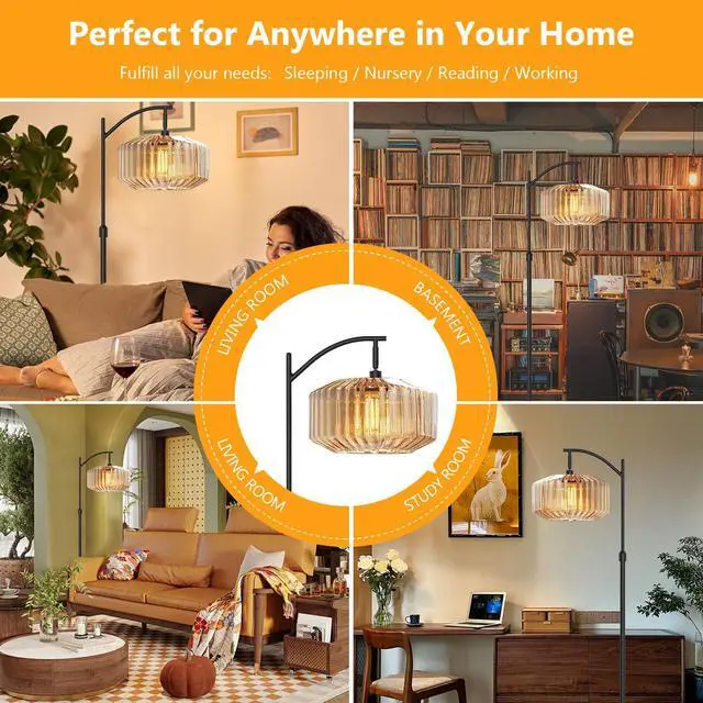 Alt view image 5 of 7 - Black Floor Lamp Large Glass Amber Shade Mid Century Modern Floor Lamp Living Room Farmhouse Standing Lamps Dome Glass Vintage Tall Floor Lamps Home Decor Black Floor Lights