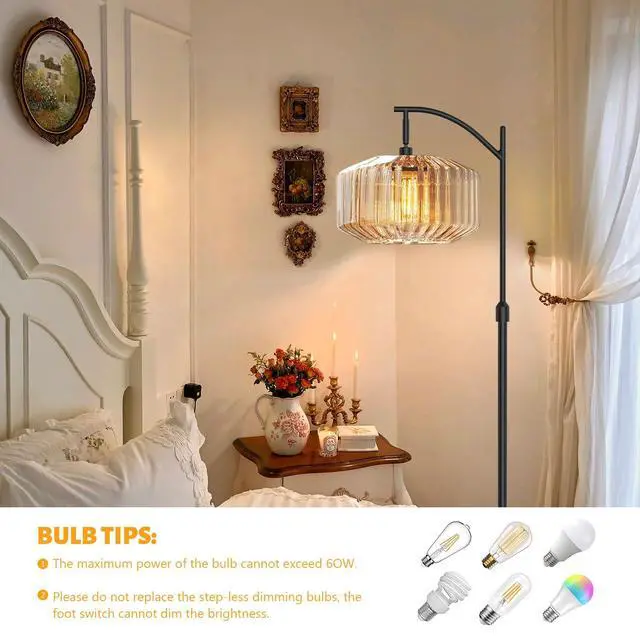 Alt view image 6 of 7 - Black Floor Lamp Large Glass Amber Shade Mid Century Modern Floor Lamp Living Room Farmhouse Standing Lamps Dome Glass Vintage Tall Floor Lamps Home Decor Black Floor Lights