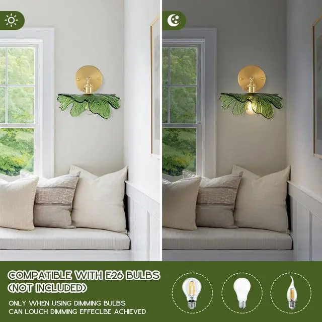 Alt view image 3 of 7 - Vanity Lights for Bathroom Mid Century Modern Wall Sconce Light Fixture Green Flower Glass Shade 90 Degree Adjustable Gold Sconce Hardwired Vintage Wall Lighting for Over Mirror Bath