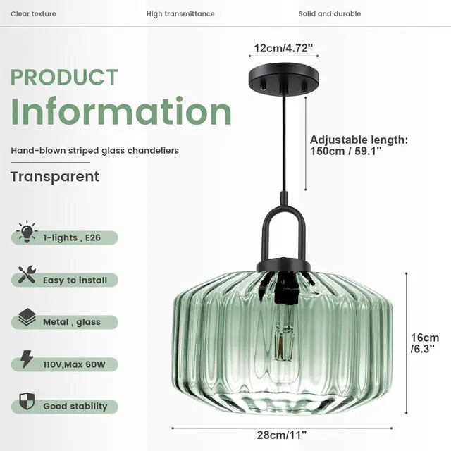 Alt view image 2 of 7 - Modern Hanging Lights Light Green Pendant Light Fixtures Mid Century Large Glass Pendant Lights 11" Striped Glass Shade Black Schoolhouse Ceiling Light Fixture Kitchen Hanging Lamp