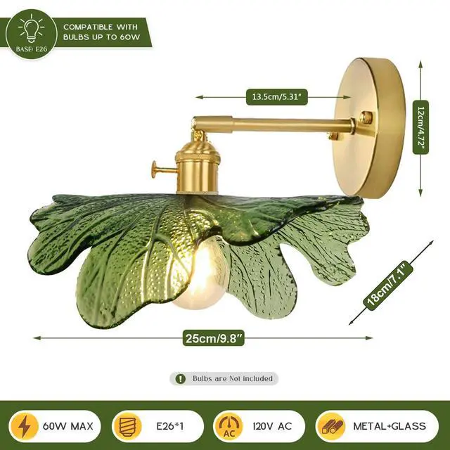 Alt view image 2 of 7 - Vanity Lights for Bathroom Mid Century Modern Wall Sconce Light Fixture Green Flower Glass Shade 90 Degree Adjustable Gold Sconce Hardwired Vintage Wall Lighting for Over Mirror Bath