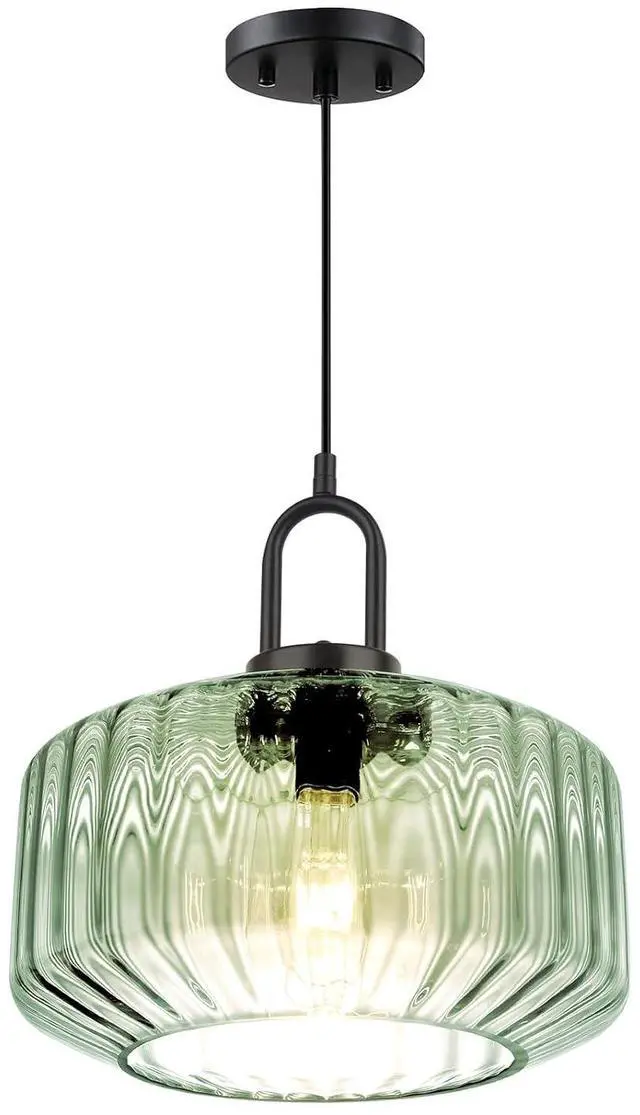 Main image of Modern Hanging Lights Light Green Pendant Light Fixtures Mid Century Large Glass Pendant Lights 11" Striped Glass Shade Black Schoolhouse Ceiling Light Fixture Kitchen Hanging Lamp
