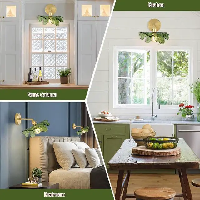 Alt view image 6 of 7 - Vanity Lights for Bathroom Mid Century Modern Wall Sconce Light Fixture Green Flower Glass Shade 90 Degree Adjustable Gold Sconce Hardwired Vintage Wall Lighting for Over Mirror Bath