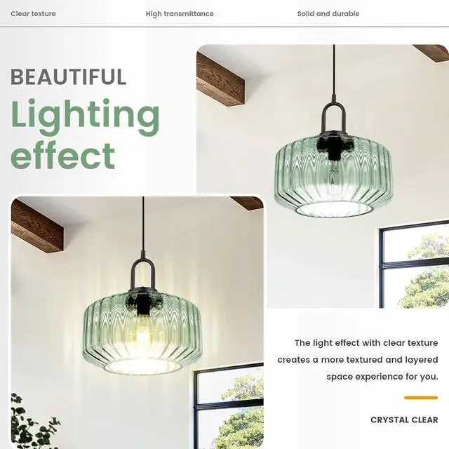 Alt view image 4 of 7 - Modern Hanging Lights Light Green Pendant Light Fixtures Mid Century Large Glass Pendant Lights 11" Striped Glass Shade Black Schoolhouse Ceiling Light Fixture Kitchen Hanging Lamp