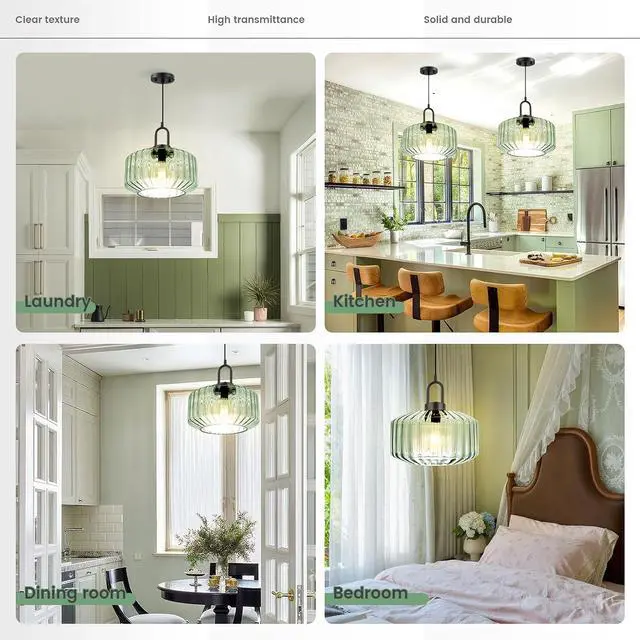 Alt view image 5 of 7 - Modern Hanging Lights Light Green Pendant Light Fixtures Mid Century Large Glass Pendant Lights 11" Striped Glass Shade Black Schoolhouse Ceiling Light Fixture Kitchen Hanging Lamp